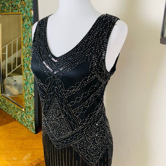 Vintage Size M Beaded Sequin Fringed Flapper Dress Black 20s Party - Picture 3 of 10